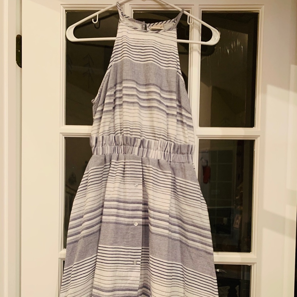 Blue & white striped A-line button-down dress.